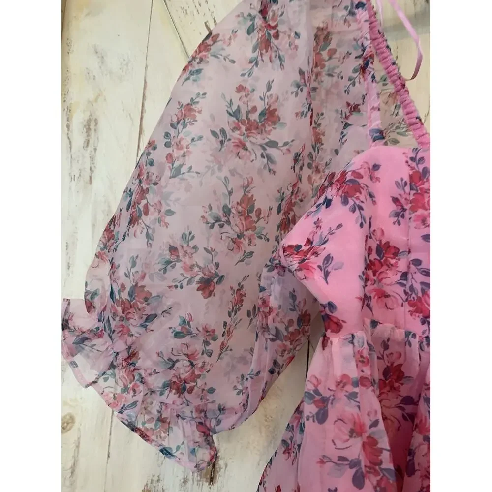 Endless Rose Floral Puff Pink Barbie Baby Doll Mini Dress Balloon Sleeves Size S